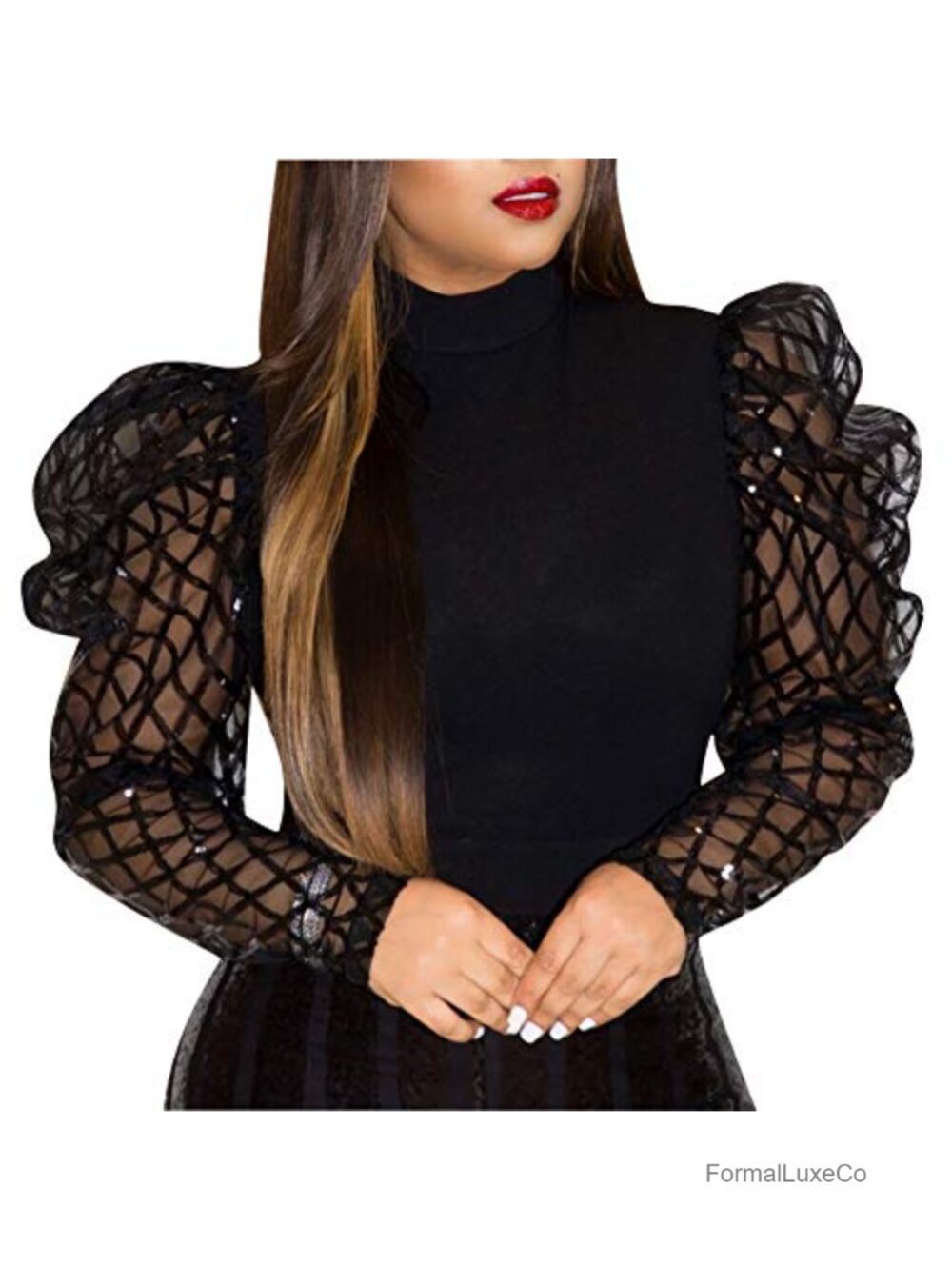 Sequin Mesh Long Sleeve Party Blouse Mock Neck Slim Fit Top